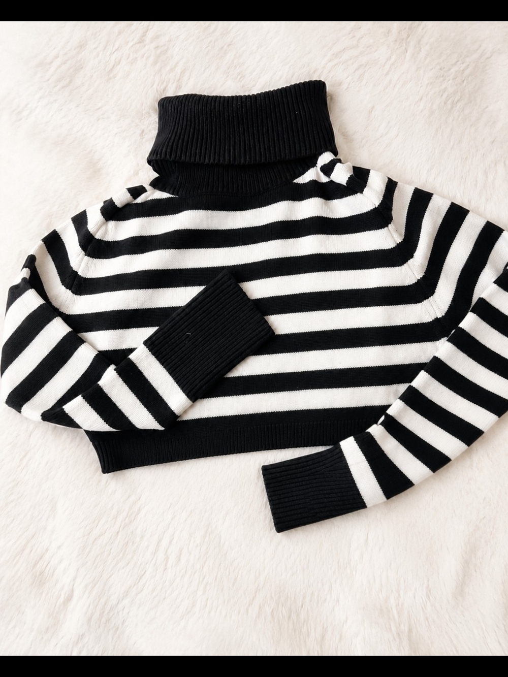 Black & White Striped Turtleneck Cropped Sweater - Women